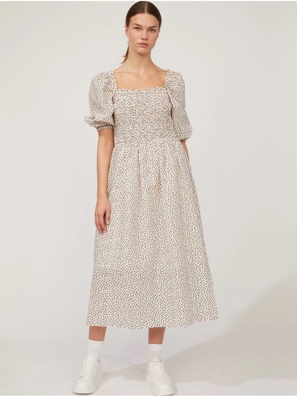 JUST FEMALE Avi Organic Cotton Smocked Midi Dress EU 38 US 6
